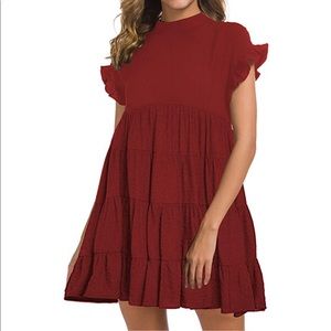 Burgundy tiered babydoll dress with ruffle sleeves
